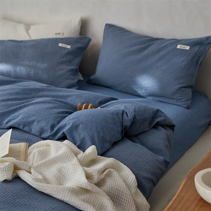 91家纺网 家纺一手货源 找家纺 安莱生活 2023新款A类水洗色织纯色华夫格四件套 微小华夫格-深蓝