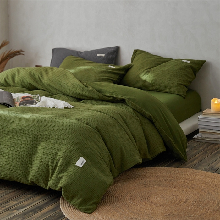 91家纺网 家纺一手货源 找家纺 安莱生活 2023新款A类水洗色织纯色华夫格四件套 微小华夫格-军绿