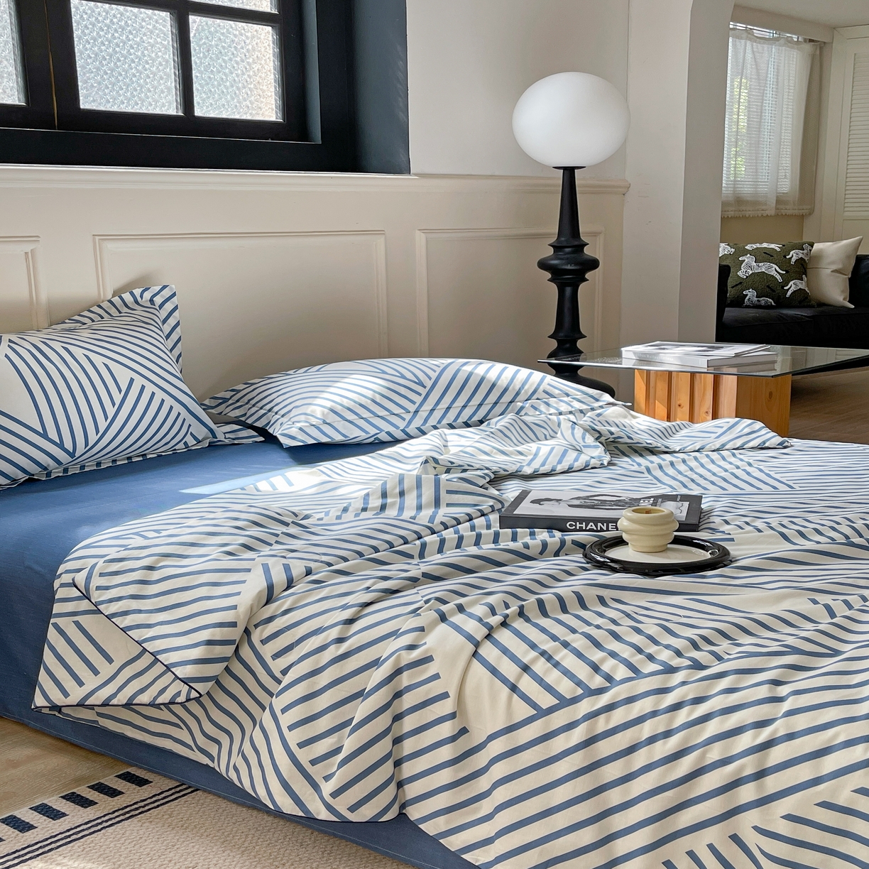 91家纺网 家纺一手货源 找家纺 柚子YOUTH 2023新款全棉夏被四件套 休闲条纹