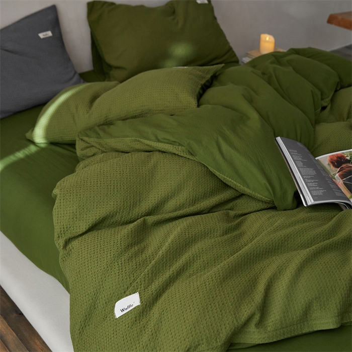 91家纺网 家纺一手货源 找家纺 安莱生活 2023新款A类水洗色织纯色华夫格四件套 微小华夫格-军绿