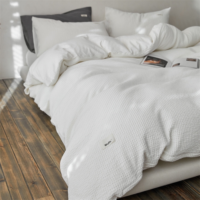 91家纺网 家纺一手货源 找家纺 安莱生活 2023新款A类水洗色织纯色华夫格四件套 微小华夫格-盐白