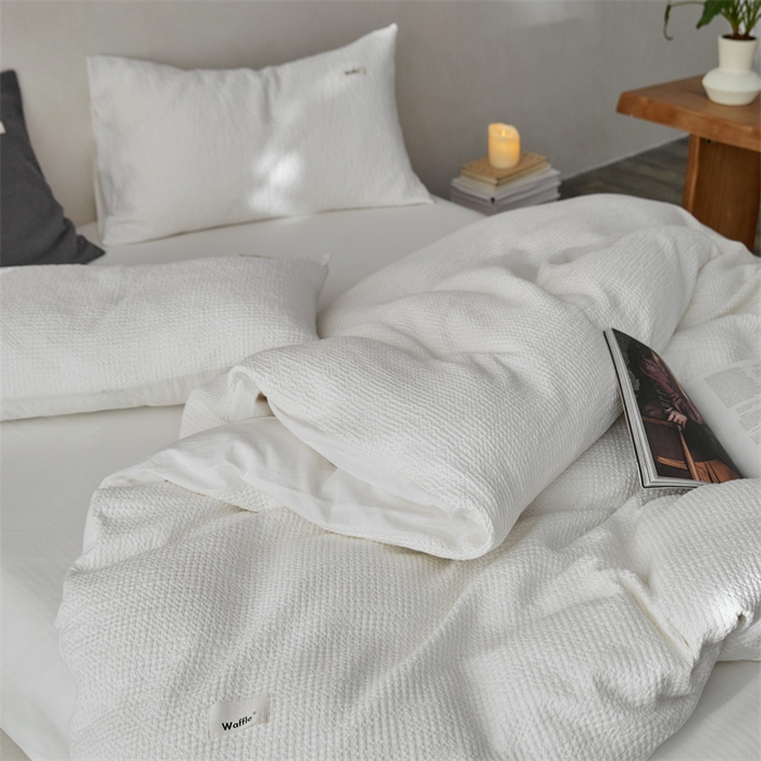 91家纺网 家纺一手货源 找家纺 安莱生活 2023新款A类水洗色织纯色华夫格四件套 微小华夫格-盐白