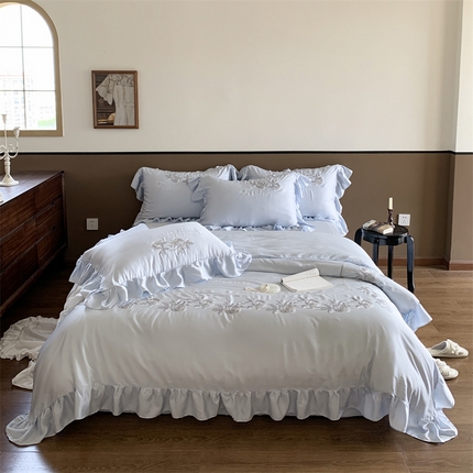 若未 2023新款法式兰精天丝法式绣花四件套 芙洛娜-蓝