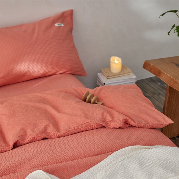 91家纺网 家纺一手货源 找家纺 安莱生活 2023新款A类水洗色织纯色华夫格四件套 微小华夫格-嫩粉