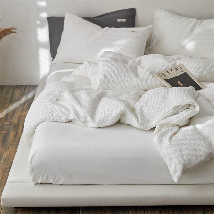 91家纺网 家纺一手货源 找家纺 安莱生活 2023新款A类水洗色织纯色华夫格四件套 微小华夫格-盐白