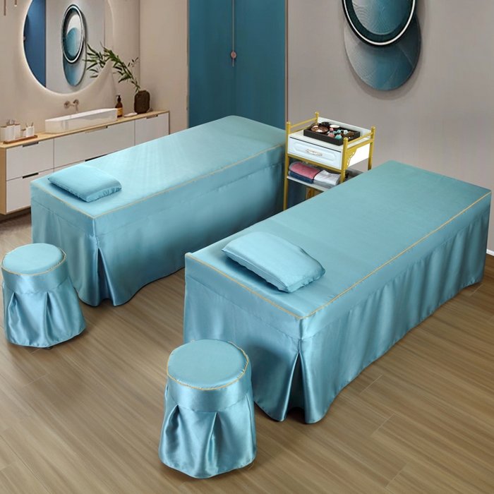 91家纺网 家纺一手货源 找家纺 莉人坊 2023新款贵妃缎按摩床床罩系列 逃之夭夭浅蓝