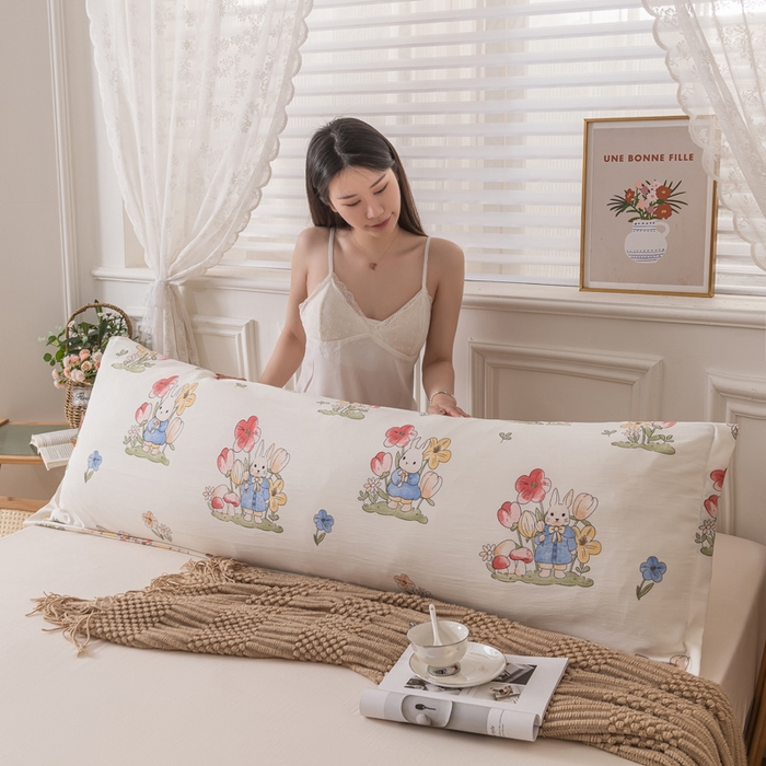 91家纺网 家纺一手货源 找家纺 新款水洗棉麻单人枕头套亲肤双人枕套 花中兔