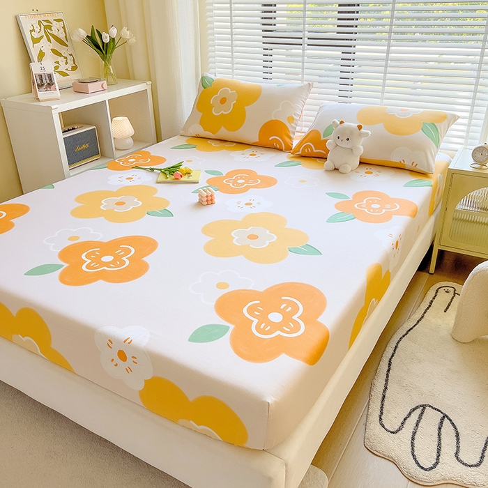 91家纺网 家纺一手货源 找家纺 芃成家纺 2023新款全棉13070单床笠 春天里 桔