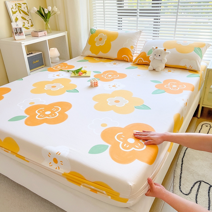 91家纺网 家纺一手货源 找家纺 芃成家纺 2023新款全棉13070单床笠 春天里 桔