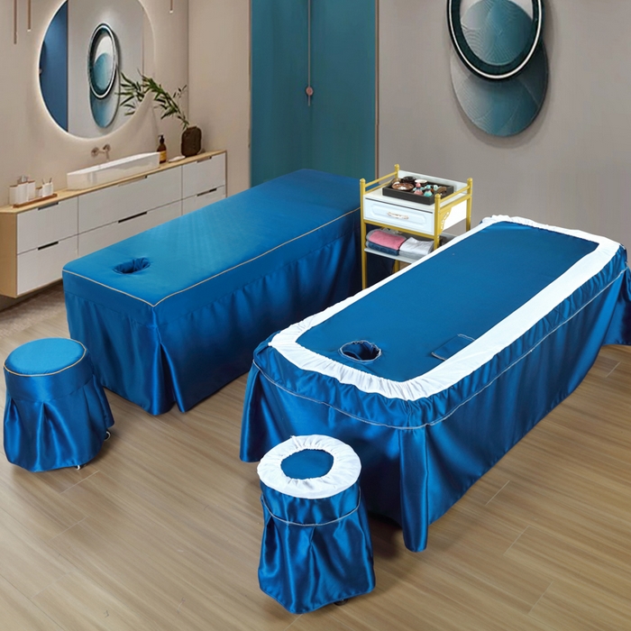 91家纺网 家纺一手货源 找家纺 莉人坊 2023新款贵妃缎按摩床床罩系列 逃之夭夭宝蓝