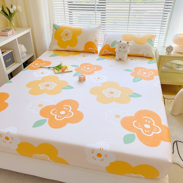 91家纺网 家纺一手货源 找家纺 芃成家纺 2023新款全棉13070单床笠 春天里 桔