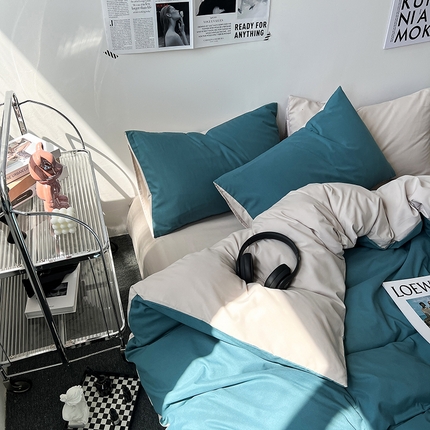 91家纺网 家纺一手货源 找家纺 芷凡家纺 2023新款水洗磨毛双拼四件套 时尚绿-杏色