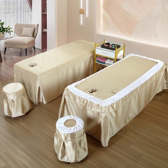 91家纺网 家纺一手货源 找家纺 莉人坊 2023新款贵妃缎按摩床床罩系列 逃之夭夭米黄