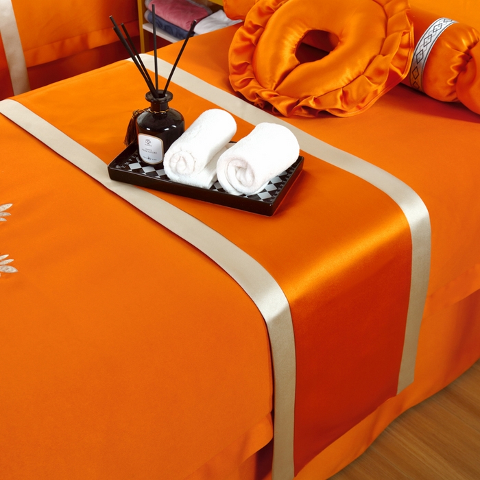 91家纺网 家纺一手货源 找家纺 莉人坊 2023新款贵妃缎按摩床床罩系列 逃之夭夭橘色