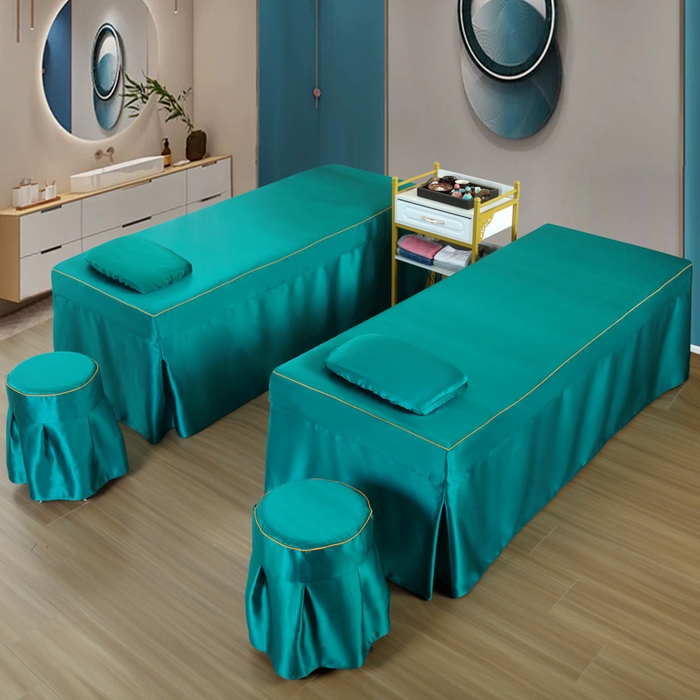 91家纺网 家纺一手货源 找家纺 莉人坊 2023新款贵妃缎按摩床床罩系列 逃之夭夭黛绿