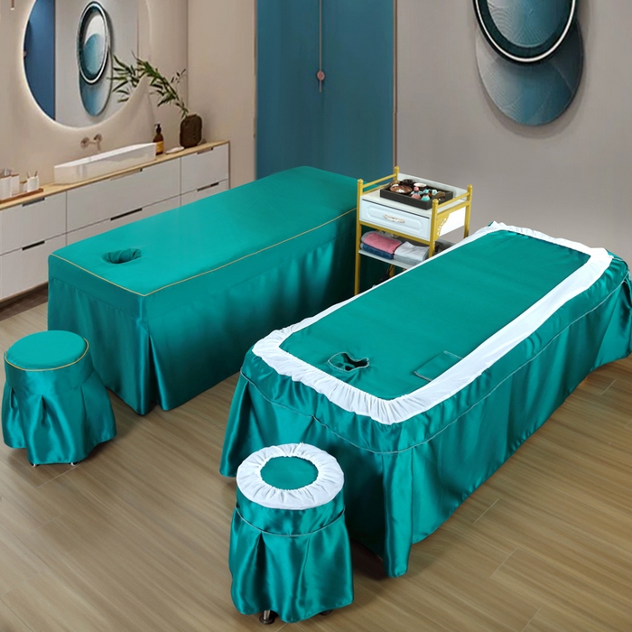 91家纺网 家纺一手货源 找家纺 莉人坊 2023新款贵妃缎按摩床床罩系列 逃之夭夭黛绿