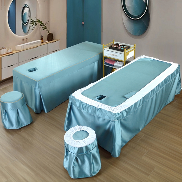 91家纺网 家纺一手货源 找家纺 莉人坊 2023新款贵妃缎按摩床床罩系列 逃之夭夭浅蓝