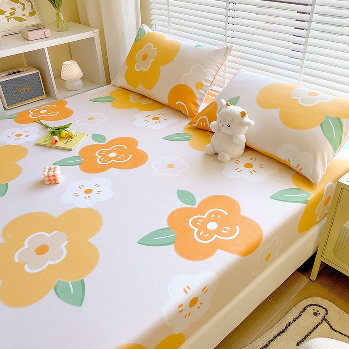 91家纺网 家纺一手货源 找家纺 芃成家纺 2023新款全棉13070单床笠 春天里 桔