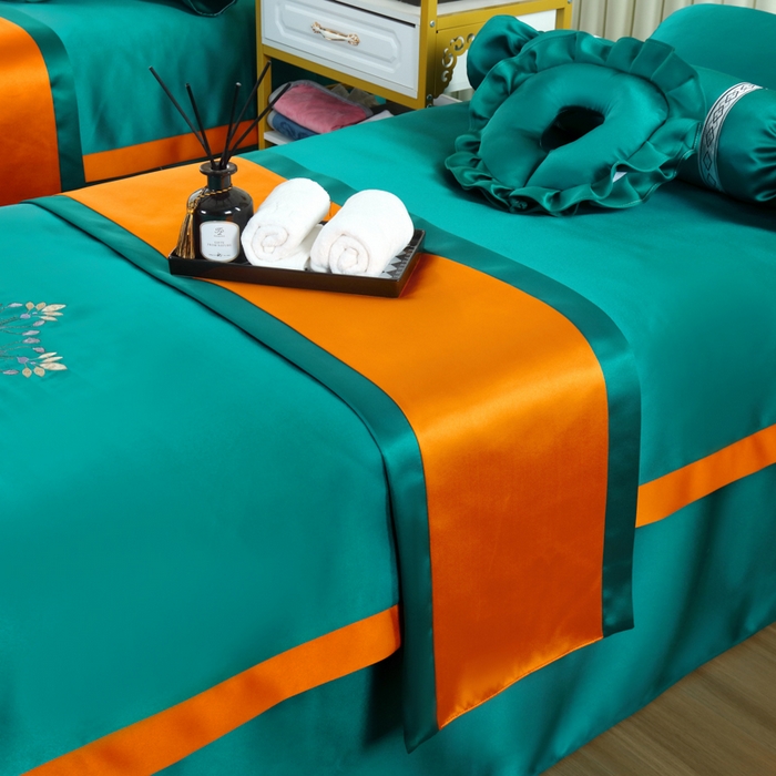 91家纺网 家纺一手货源 找家纺 莉人坊 2023新款贵妃缎按摩床床罩系列 逃之夭夭黛绿