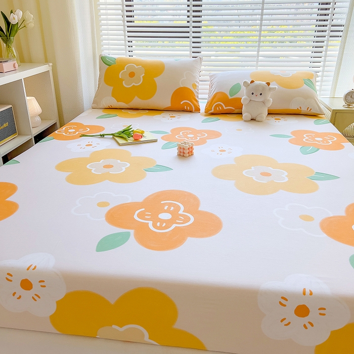 91家纺网 家纺一手货源 找家纺 芃成家纺 2023新款全棉13070单床笠 春天里 桔