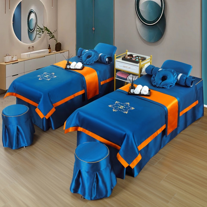 91家纺网 家纺一手货源 找家纺 莉人坊 2023新款贵妃缎按摩床床罩系列 逃之夭夭宝蓝