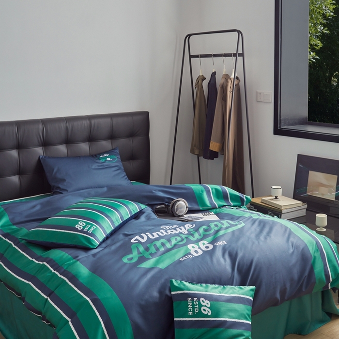 91家纺网 家纺一手货源 找家纺 圆岛 2023新款原创美式复古长绒棉全棉数码印花四件套 风格一 vintae-藏蓝绿