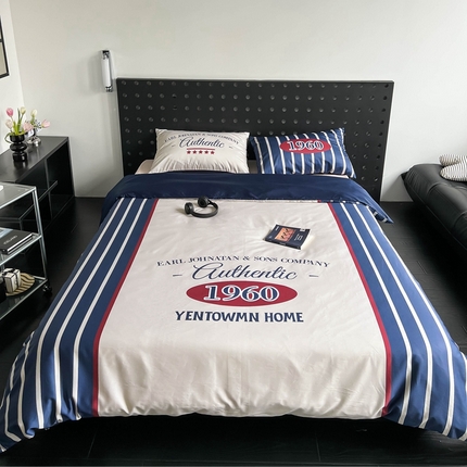 圆岛 2023新款原创美式复古长绒棉全棉数码印花四件套 风格二 vintage-米蓝