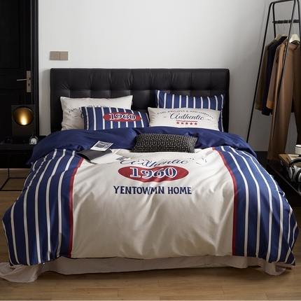 圆岛 2023新款原创美式复古长绒棉全棉数码印花四件套  风格一 vintage-米蓝