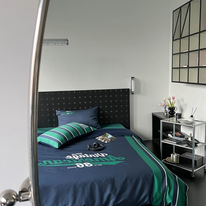 91家纺网 家纺一手货源 找家纺 圆岛 2023新款原创美式复古长绒棉全棉数码印花四件套 风格二 vintage-藏蓝绿