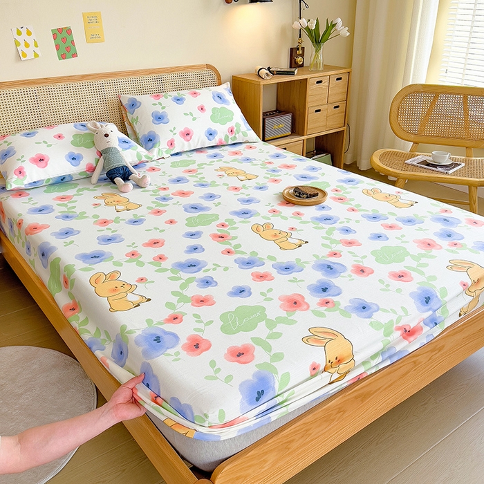 91家纺网 家纺一手货源 找家纺 芃成家纺 2023新款全棉老粗布床笠 花园兔