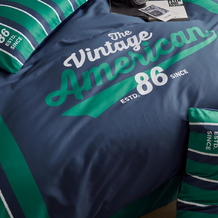 91家纺网 家纺一手货源 找家纺 圆岛 2023新款原创美式复古长绒棉全棉数码印花四件套 风格一 vintae-藏蓝绿