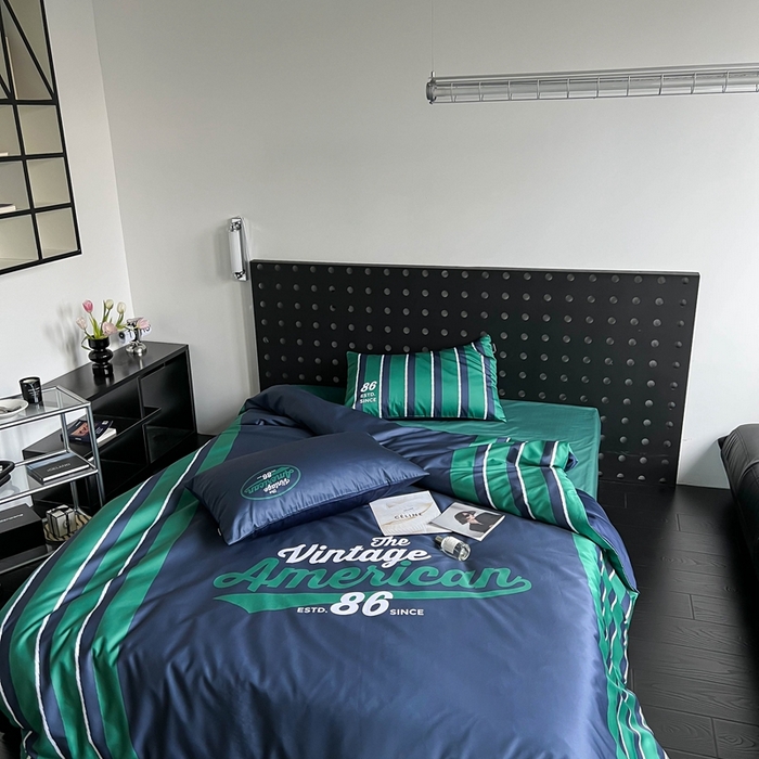 91家纺网 家纺一手货源 找家纺 圆岛 2023新款原创美式复古长绒棉全棉数码印花四件套 风格二 vintage-藏蓝绿