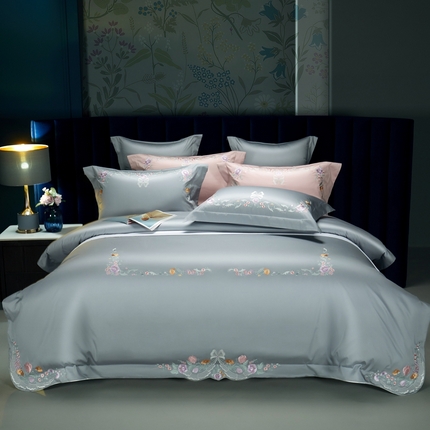 91家纺网 家纺一手货源 找家纺 美娘阁 2023新款高密全棉四件套-花与爱丽丝 高级灰