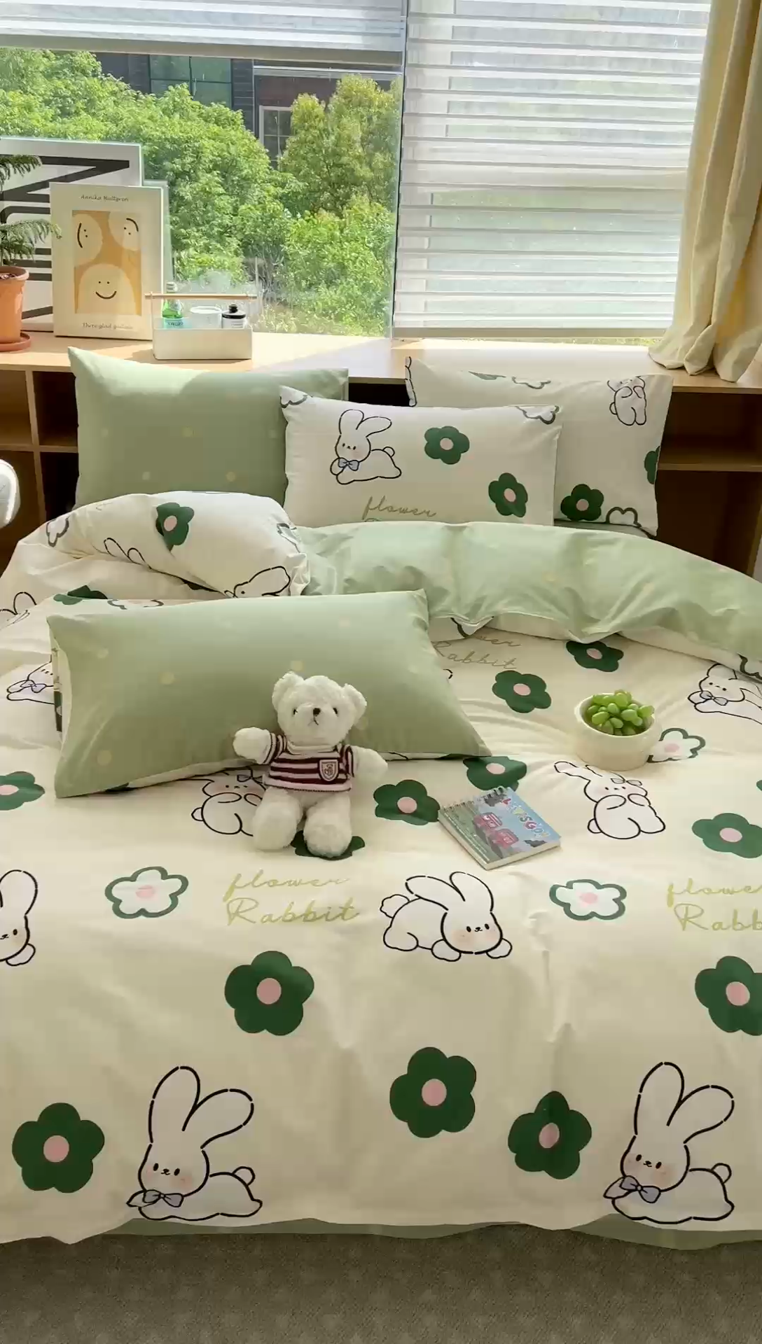 91家纺网 家纺一手货源 找家纺 时年 2023新款全棉优选系列-相机风格 绿花小兔