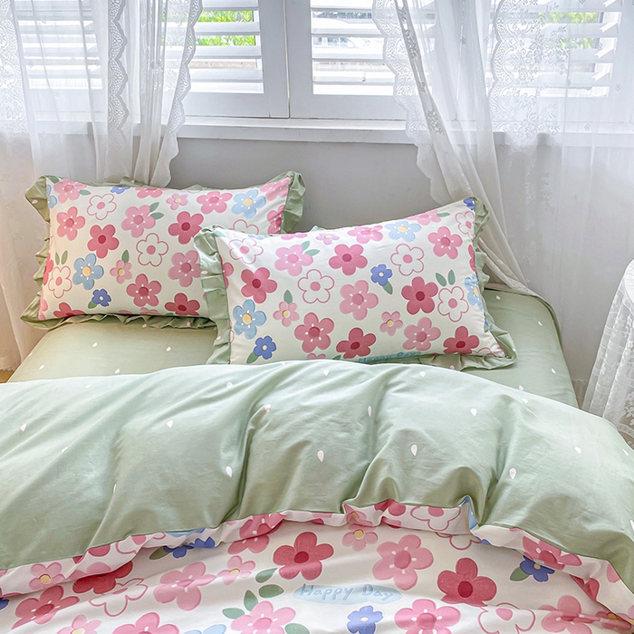 91家纺网 家纺一手货源 找家纺 宇彬20223年新款13372全棉韩版刺绣花边和印花花边四件套和单被套 印花花边 花儿朵朵-粉