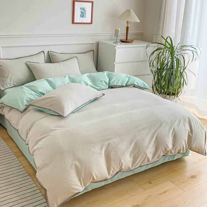 91家纺网 家纺一手货源 找家纺 金丝鸟 2023新款贝壳边A类色织全棉水洗棉简约条纹四件套 贝壳边款 简约条纹 绿