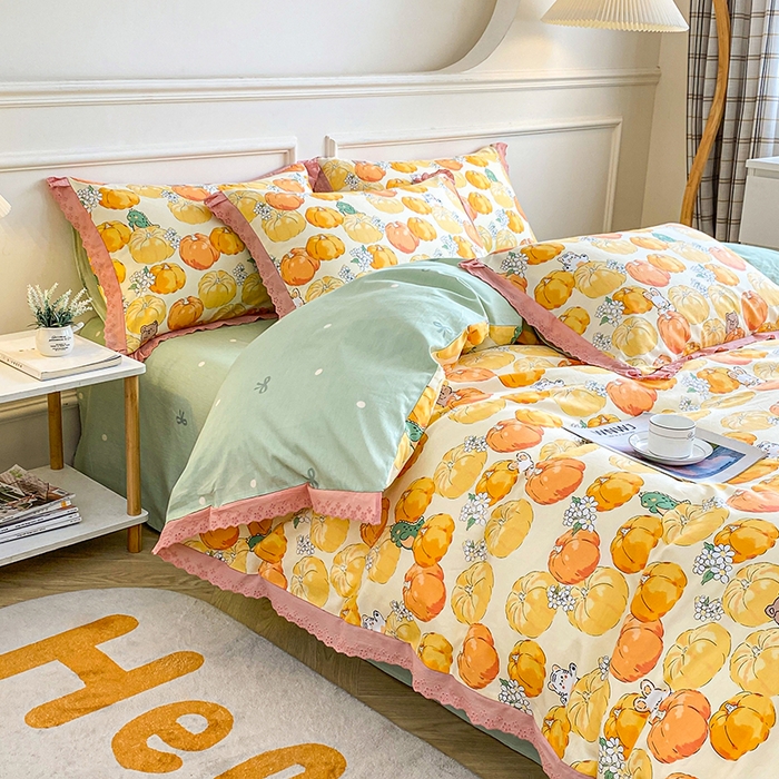 91家纺网 家纺一手货源 找家纺 宇彬20223年新款13372全棉韩版刺绣花边和印花花边四件套和单被套 刺绣花边 南瓜乐园