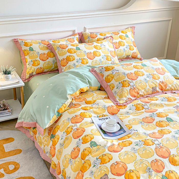 91家纺网 家纺一手货源 找家纺 宇彬20223年新款13372全棉韩版刺绣花边和印花花边四件套和单被套 刺绣花边 南瓜乐园