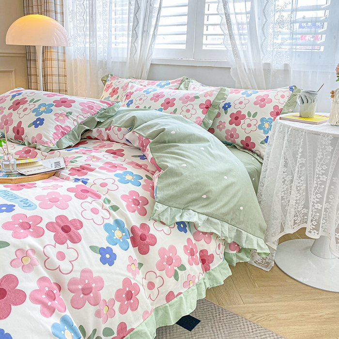 91家纺网 家纺一手货源 找家纺 宇彬20223年新款13372全棉韩版刺绣花边和印花花边四件套和单被套 印花花边 花儿朵朵-粉