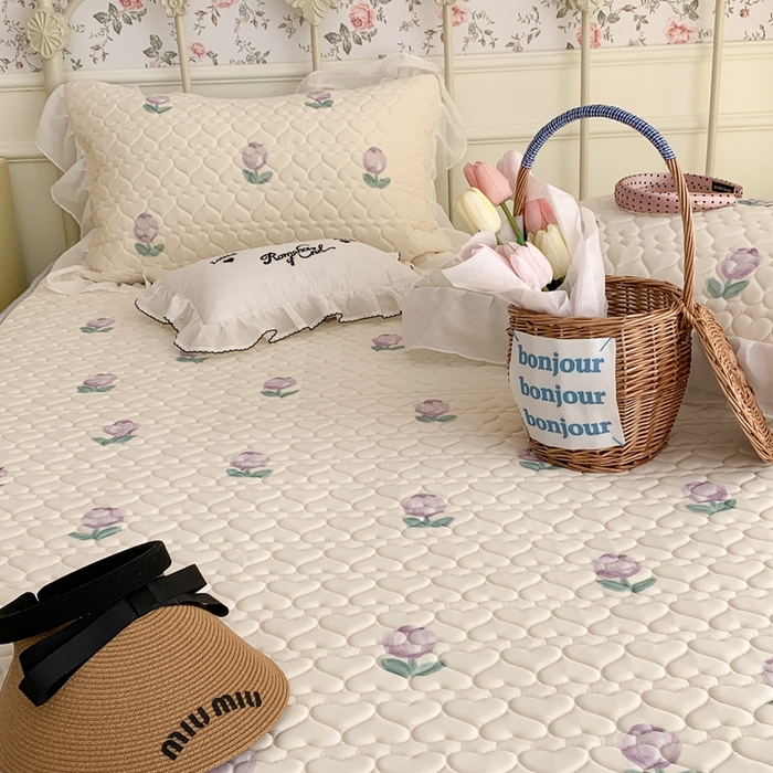 91家纺网 家纺一手货源 找家纺 昔可 2023新款单层雪纺花边乳胶凉席三件套 紫色郁金香