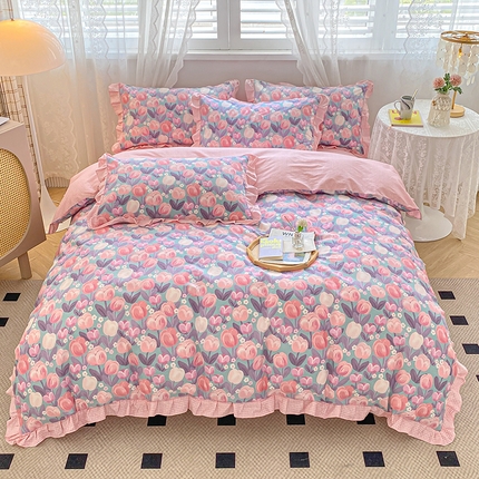 91家纺网 家纺一手货源 找家纺 宇彬20223年新款13372全棉韩版刺绣花边和印花花边四件套和单被套 印花花边 花香丽影