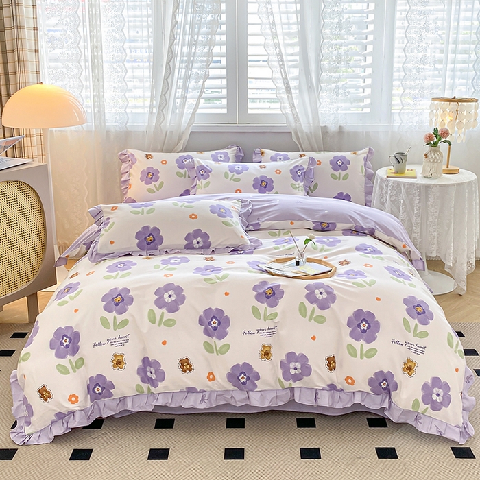 91家纺网 家纺一手货源 找家纺 宇彬20223年新款13372全棉韩版刺绣花边和印花花边四件套和单被套 印花花边 花田美事-紫