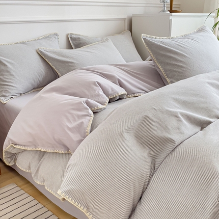 金丝鸟 2023新款贝壳边A类色织全棉水洗棉简约条纹四件套 贝壳边款 简约条纹 灰