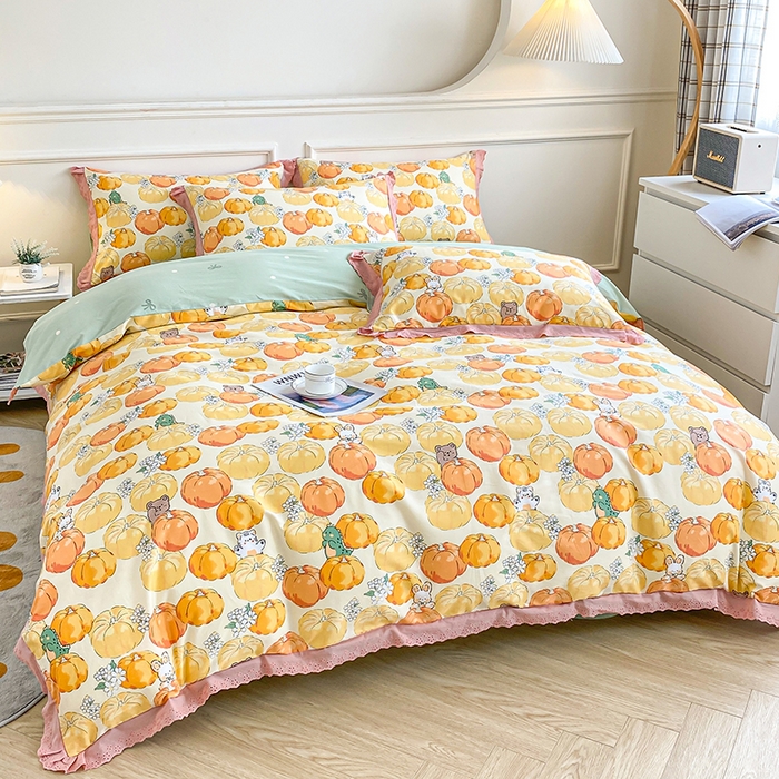 91家纺网 家纺一手货源 找家纺 宇彬20223年新款13372全棉韩版刺绣花边和印花花边四件套和单被套 刺绣花边 南瓜乐园