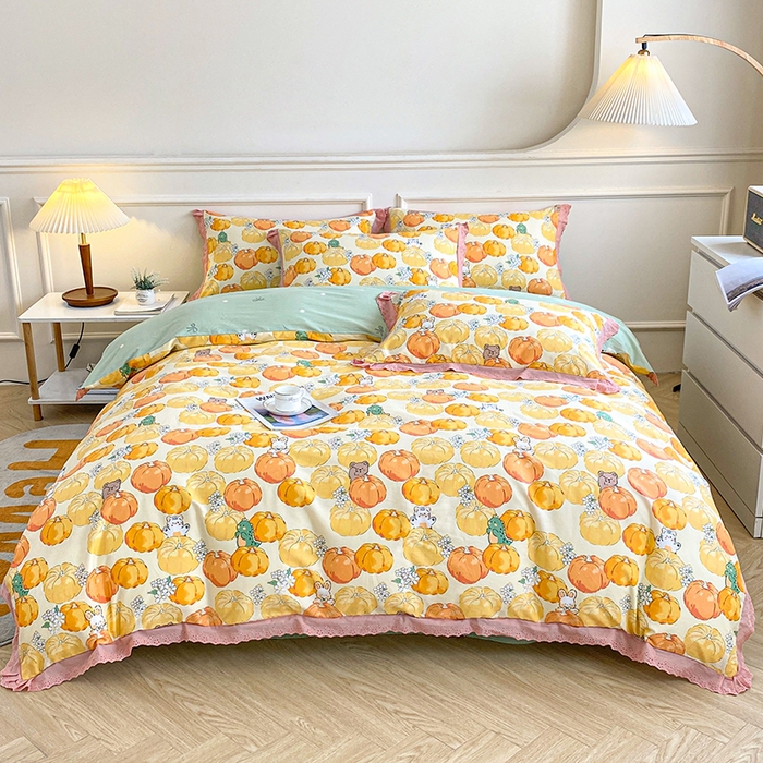 91家纺网 家纺一手货源 找家纺 宇彬20223年新款13372全棉韩版刺绣花边和印花花边四件套和单被套 刺绣花边 南瓜乐园