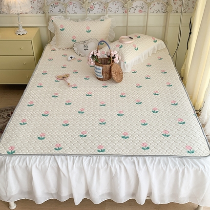 昔可 2023新款单层雪纺花边乳胶凉席三件套 粉嫩小郁金