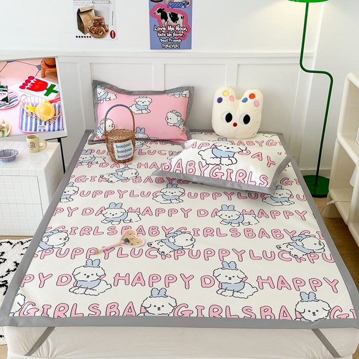 91家纺网 家纺一手货源 找家纺 昔可 2023新款凉感海洋丝针织软席三件套 粉字母狗狗