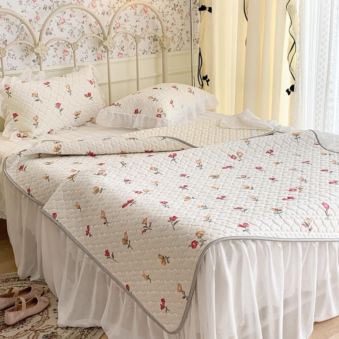 91家纺网 家纺一手货源 找家纺 昔可 2023新款单层雪纺花边乳胶凉席三件套 微醺小黄花