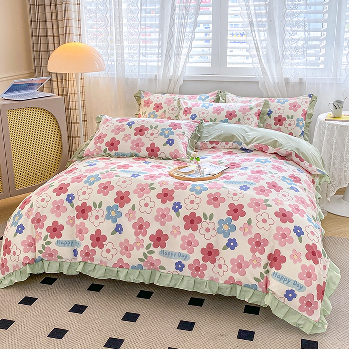 91家纺网 家纺一手货源 找家纺 宇彬20223年新款13372全棉韩版刺绣花边和印花花边四件套和单被套 印花花边 花儿朵朵-粉