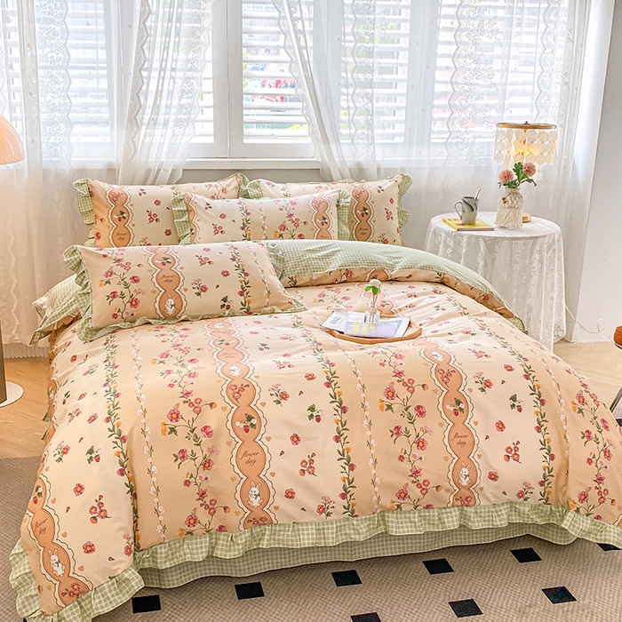 91家纺网 家纺一手货源 找家纺 宇彬20223年新款13372全棉韩版刺绣花边和印花花边四件套和单被套 印花花边 北海恋人